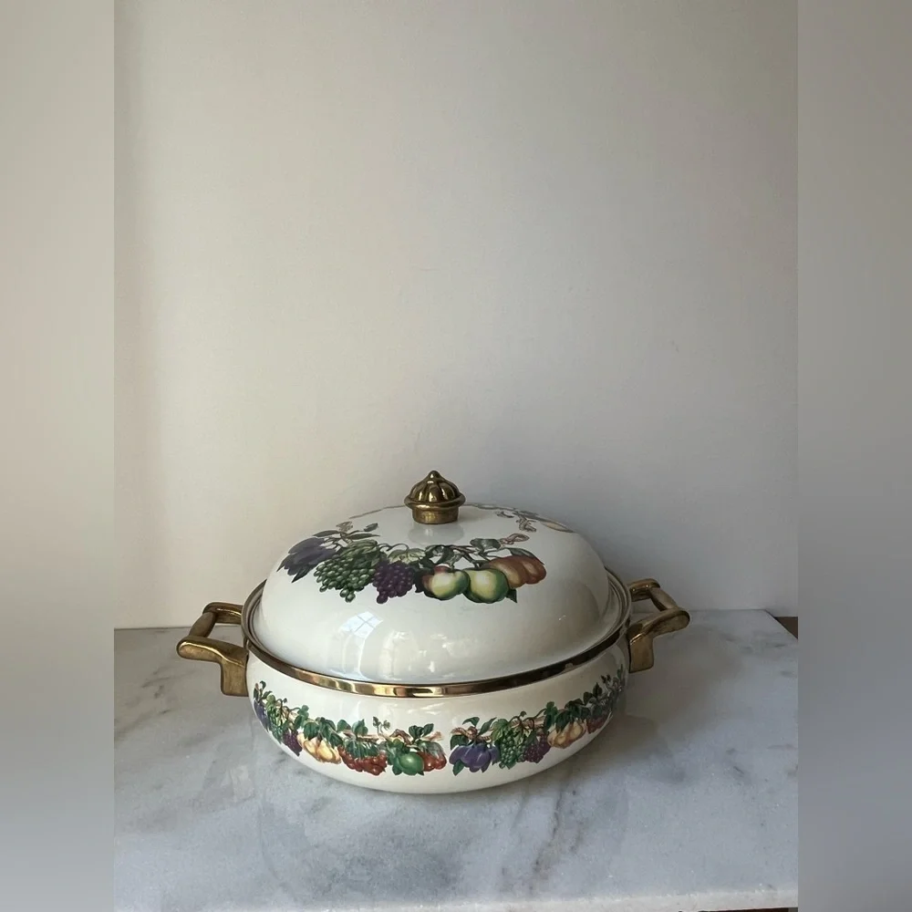 Vintage Tabletops Unlimited Fruit Design Enamel on Metal Casserole  with…
